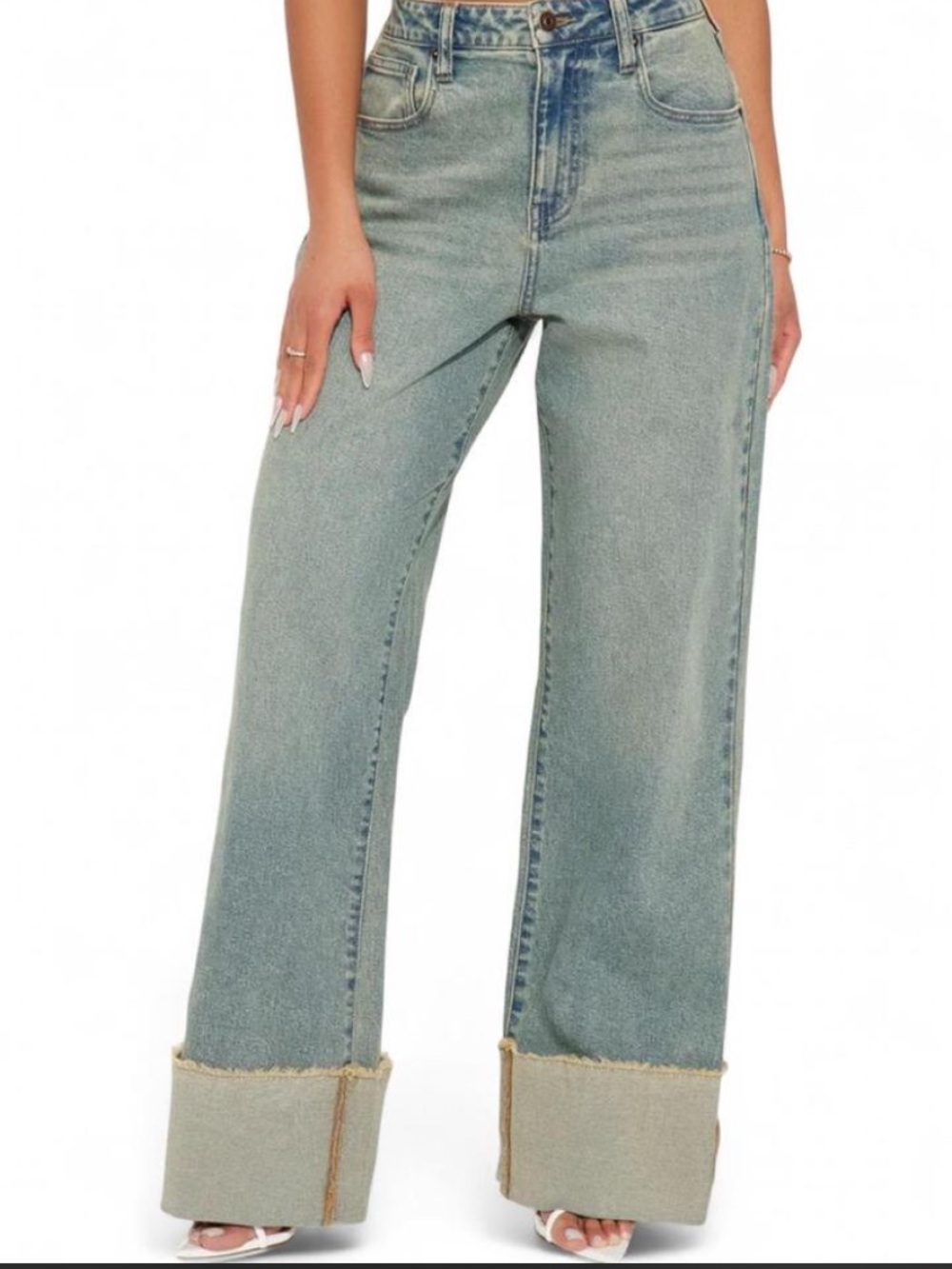Wide Leg Cuffed Jeans in Light Wash - Women's